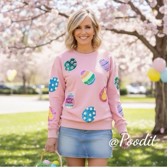 poodit Tops - Sequin Easter egg pullover holiday top L XL 2XL